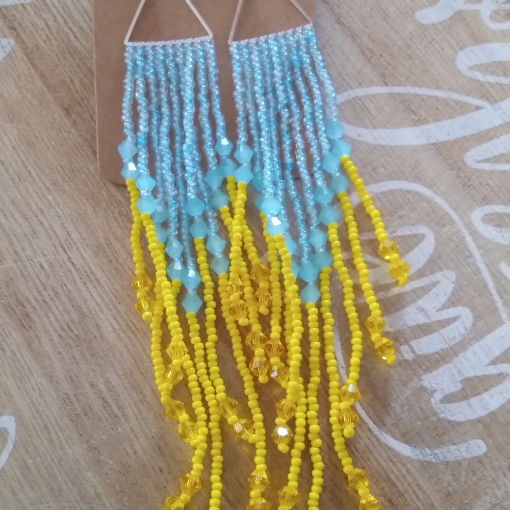 Beaded Fringe Earrings in Blue and Yellow